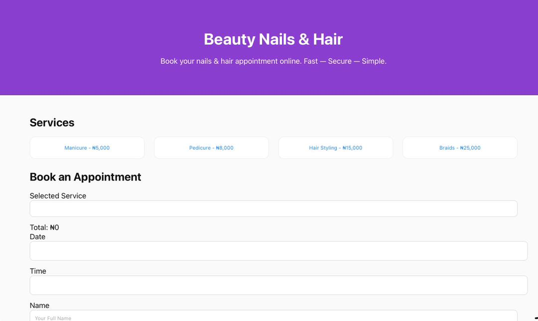 Beauty Nails & Hair Online Booking System